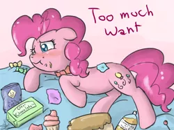 Size: 900x675 | Tagged: dead source, safe, artist:speccysy, derpibooru import, pinkie pie, earth pony, pony, alcohol, blushing, bowtie, candy, chips, chocolate, cupcake, female, floppy ears, food, mare, side, solo, stomach ache, stuffed, too much want, tummy ache