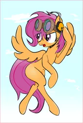 Size: 1110x1636 | Tagged: safe, artist:zev, derpibooru import, scootaloo, pegasus, pony, belly button, blank flank, female, goggles, headset, mare, older, older scootaloo, simple background, solo, white background