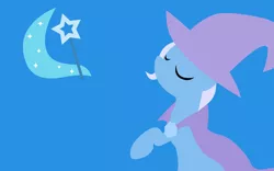 Size: 2400x1500 | Tagged: safe, artist:versilaryan, derpibooru import, trixie, pony, unicorn, blue background, cape, clothes, crescent moon, cutie mark, eyes closed, female, hat, lineless, magic wand, mare, minimalist, moon, outline, raised hoof, simple background, sitting, solo, stars, trixie's cape, trixie's hat, wallpaper, wizard hat