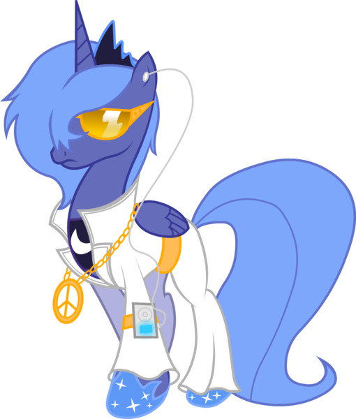 Size: 2000x2355 | Tagged: safe, artist:miketheuser, derpibooru import, princess luna, alicorn, pony, clothes, costume, disco, dress, earbuds, female, high res, mare, s1 luna, simple background, solo, transparent background