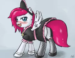 Size: 900x692 | Tagged: suggestive, artist:speccysy, derpibooru import, oc, oc:phoe, unofficial characters only, pegasus, pony, bedroom eyes, blushing, clothes, female, fishnets, maid, mare, plot, solo, solo female