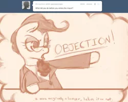 Size: 1000x800 | Tagged: safe, artist:dovne, derpibooru import, mayor mare, earth pony, pony, ask mayor mare, ace attorney, ask, court, female, lawyer, mare, monochrome, phoenix wright, pointing, solo
