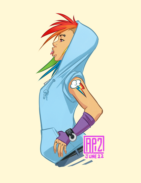 Size: 600x776 | Tagged: alternate hairstyle, artist:fusspot, breasts, delicious flat chest, derpibooru import, eyebrow piercing, female, human, humanized, lip piercing, my punky pony, piercing, profile, punk, rainbow dash, safe, simple background, solo, tongue piercing