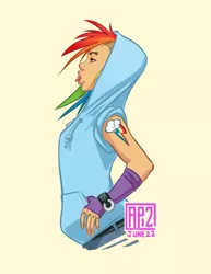 Size: 600x776 | Tagged: alternate hairstyle, artist:fusspot, breasts, delicious flat chest, derpibooru import, eyebrow piercing, female, human, humanized, lip piercing, my punky pony, piercing, profile, punk, rainbow dash, safe, simple background, solo, tongue piercing