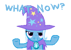 Size: 900x640 | Tagged: safe, artist:workingorder, derpibooru import, trixie, pony, unicorn, animated, cape, clothes, female, gif, hat, homestuck, hooves up, looking at you, mare, simple background, smiling, solo, text, transparent background, trixie's cape, trixie's hat, what now