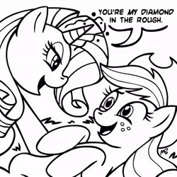 Size: 945x945 | Tagged: safe, artist:megasweet, derpibooru import, applejack, rarity, earth pony, pony, unicorn, eye contact, female, lesbian, looking at each other, mare, monochrome, on back, rarijack, shipping, smiling