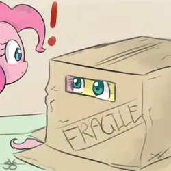 Size: 900x900 | Tagged: safe, artist:speccysy, derpibooru import, fluttershy, pinkie pie, earth pony, pegasus, pony, box, cardboard box, cute, duo, duo female, exclamation point, eye contact, female, konami, mare, metal gear, wide eyes