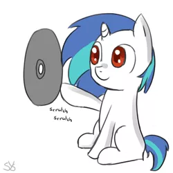 Size: 900x900 | Tagged: safe, artist:speccysy, derpibooru import, vinyl scratch, pony, unicorn, female, mare, poking, record, simple background, sitting, solo, white background