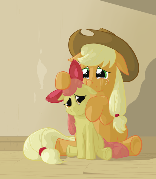 Size: 2000x2300 | Tagged: safe, artist:jakneurotic, derpibooru import, apple bloom, applejack, earth pony, pony, apple sisters, crying, duo, duo female, female, filly, floppy ears, foal, high res, mare, sad, siblings, sisters, sitting, smiling
