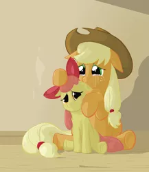 Size: 2000x2300 | Tagged: safe, artist:jakneurotic, derpibooru import, apple bloom, applejack, earth pony, pony, apple sisters, crying, duo, duo female, female, filly, floppy ears, foal, high res, mare, sad, siblings, sisters, sitting, smiling