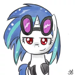 Size: 900x900 | Tagged: safe, artist:speccysy, derpibooru import, vinyl scratch, pony, unicorn, bedroom eyes, female, goggles, headphones, mare, simple background, smiling, smirk, solo, white background