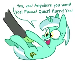 Size: 494x401 | Tagged: safe, artist:the weaver, derpibooru import, lyra heartstrings, oc, oc:anon, human, pony, unicorn, bellyrubs, female, hand, irrational exuberance, mare, on back, open mouth, simple background, smiling, solo focus, speech bubble, text, that pony sure does love hands, unprecedented joy, white background, wide eyes