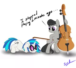 Size: 900x800 | Tagged: safe, artist:sirradical, derpibooru import, octavia melody, vinyl scratch, earth pony, pony, unicorn, annoyed, bipedal, cello, covering ears, duo, duo female, female, mare, musical instrument