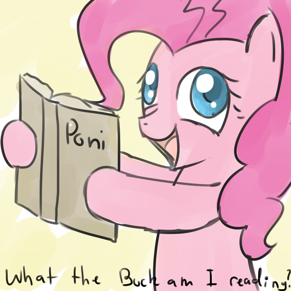 Size: 900x900 | Tagged: safe, artist:speccysy, derpibooru import, pinkie pie, earth pony, pony, book, brown background, derp, female, hoof hold, mare, open mouth, poni, simple background, smiling, solo, what the fuck am i reading