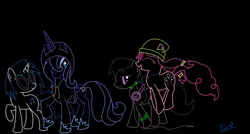 Size: 3054x1642 | Tagged: safe, artist:sirradical, derpibooru import, octavia melody, pinkie pie, princess luna, vinyl scratch, alicorn, earth pony, pony, unicorn, alternate hairstyle, black background, clothes, female, headphones, hoodie, mare, pigtails, pronking, s1 luna, simple background, twintails, walking