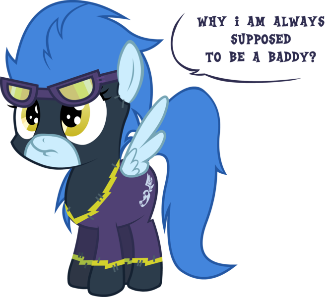 Size: 2000x1811 | Tagged: safe, artist:miketheuser, derpibooru import, nightshade, pegasus, pony, clothes, costume, dialogue, female, filly, shadowbolts, shadowbolts costume, simple background, solo, speech bubble, transparent background, younger