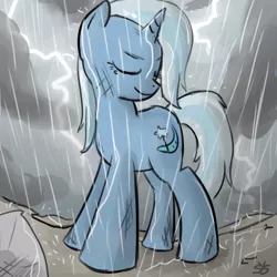 Size: 900x900 | Tagged: safe, artist:speccysy, derpibooru import, trixie, pony, unicorn, dirty, eyes closed, female, mare, rain, smiling, solo, wet, wet mane