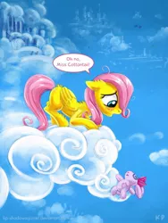 Size: 750x1000 | Tagged: safe, artist:kp-shadowsquirrel, derpibooru import, fluttershy, pegasus, pony, cloud, cloudsdale, cloudy, crying, doll, female, filly, filly fluttershy, floppy ears, solo, younger