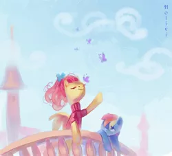 Size: 3161x2874 | Tagged: safe, artist:holivi, derpibooru import, fluttershy, rainbow dash, butterfly, pegasus, pony, balcony, clothes, duo, duo female, female, high res, mare, sweater, sweatershy