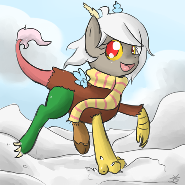 Size: 900x900 | Tagged: adoreris, artist:speccysy, clothes, cute, derpibooru import, discord, eris, female, rule 63, rule63betes, safe, scarf, smiling, snow, solo, young