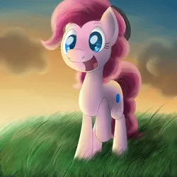 Size: 1000x1000 | Tagged: safe, artist:sirpayne, derpibooru import, pinkie pie, earth pony, pony, ask pinkie the artist, ask, female, grass, happy, mare, raised hoof, solo, sunset