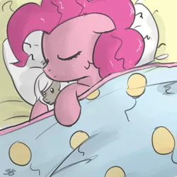 Size: 900x900 | Tagged: safe, artist:speccysy, derpibooru import, discord, pinkie pie, earth pony, pony, bed, cute, diapinkes, doll, eris, female, floppy ears, mare, morning ponies, pillow, rule 63, sleeping, solo
