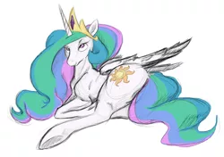 Size: 750x527 | Tagged: artist needed, safe, derpibooru import, princess celestia, alicorn, pony, crown, female, jewelry, mare, plot, prone, regalia, simple background, solo, sultry pose, sunbutt, the ass was fat, white background