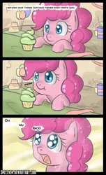Size: 700x1151 | Tagged: safe, artist:speccysy, derpibooru import, pinkie pie, earth pony, pony, colored pupils, comic, cupcake, cute, dialogue, diapinkes, eating, enlightenment, female, filly, foal, food, mare, solo, younger