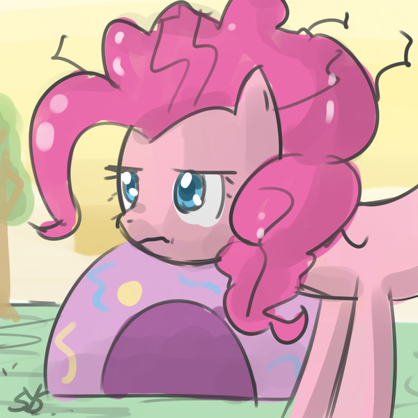 Size: 900x900 | Tagged: safe, artist:speccysy, derpibooru import, pinkie pie, earth pony, pony, female, frown, mare, messy mane, solo, tent, tired