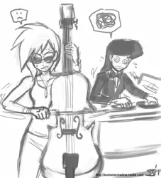 Size: 909x1000 | Tagged: artist:johnjoseco, cello, derpibooru import, duo, duo female, female, frustrated, grayscale, human, humanized, monochrome, musical instrument, octavia melody, role reversal, safe, turntable, vinyl scratch