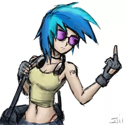 Size: 900x900 | Tagged: artist:johnjoseco, artist:michos, clothes, derpibooru import, female, fingerless gloves, gloves, headphones, human, humanized, middle finger, midriff, safe, simple background, skinny, solo, vinyl scratch, vulgar, white background