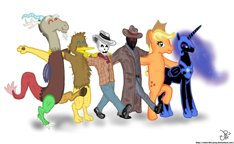 Size: 2784x1712 | Tagged: safe, artist:retsu-the-pony, derpibooru import, applejack, discord, nightmare moon, princess luna, alicorn, pony, 2spooky, eppaljeck, female, griffy the griffin, krastos the gluemaker, mare, the man they call ghost, true capitalist radio, yay applejack woohoo