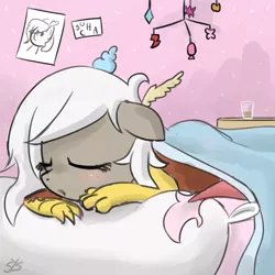 Size: 900x900 | Tagged: adoreris, artist:speccysy, blushing, cute, derpibooru import, discord, eris, rule 63, rule63betes, safe, sleeping, solo, younger