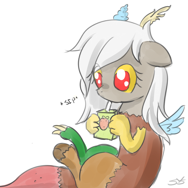 Size: 900x900 | Tagged: adoreris, artist:speccysy, cute, derpibooru import, discord, drink, drinking, eris, female, juice box, rule 63, rule63betes, safe, simple background, sitting, solo, white background, younger