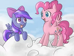 Size: 900x675 | Tagged: safe, artist:speccysy, derpibooru import, pinkie pie, oc, oc:raindrops, pegasus, pony, cloud, cloudy, duo, duo female, female, hair bow, happy, mare, race swap