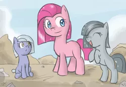 Size: 900x623 | Tagged: safe, artist:speccysy, derpibooru import, limestone pie, marble pie, pinkie pie, earth pony, pony, eyes closed, female, filly, foal, pie sisters, rearing, rock farm, sisters, smiling, trio, younger