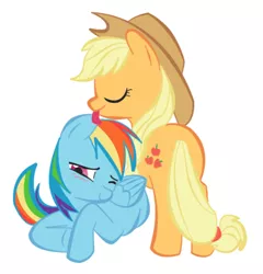 Size: 500x520 | Tagged: artist needed, safe, derpibooru import, applejack, rainbow dash, earth pony, pegasus, pony, appledash, blushing, female, lesbian, licking, mare, prone, shipping, simple background, white background