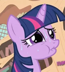 Size: 317x353 | Tagged: safe, derpibooru import, screencap, twilight sparkle, pony, unicorn, it's about time, cropped, explicit source, female, golden oaks library, mare, puffy cheeks, solo, sweat, unicorn twilight