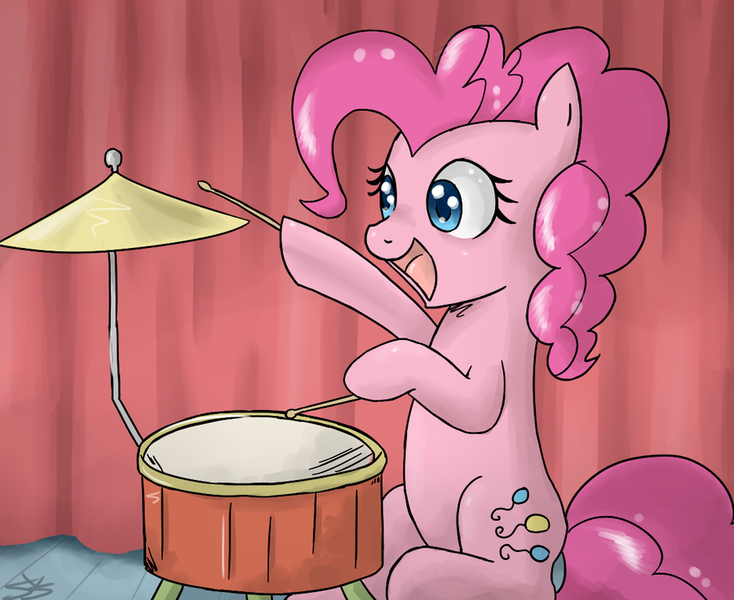 Size: 900x736 | Tagged: safe, artist:speccysy, derpibooru import, pinkie pie, earth pony, pony, ba dum tss, drums, female, happy, hoof hold, mare, rimshot, sitting, solo, stage