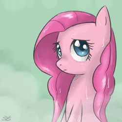Size: 900x900 | Tagged: dead source, safe, artist:speccysy, derpibooru import, pinkie pie, earth pony, pony, cute, diapinkes, female, frown, mare, sitting, solo, wet mane