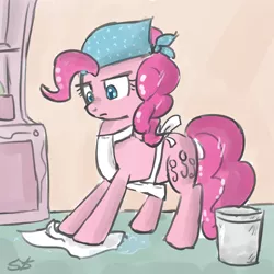 Size: 900x900 | Tagged: safe, artist:speccysy, derpibooru import, pinkie pie, earth pony, pony, apron, bandana, bucket, cleaning, clothes, female, mare, solo
