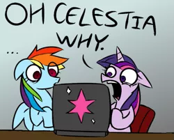 Size: 571x459 | Tagged: source needed, safe, artist:spurkeht, color edit, derpibooru import, edit, rainbow dash, twilight sparkle, pegasus, pony, unicorn, ..., chair, colored, computer, duo, duo female, female, floppy ears, frown, gradient background, horrified, laptop computer, mare, meme, open mouth, reaction image, shocked, sitting, why, wide eyes