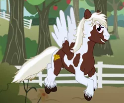 Size: 1200x999 | Tagged: safe, artist:hakar-kerarmor, derpibooru import, oc, oc:nors, unofficial characters only, pegasus, pony, fence, flying, male, piebald coloring, ridiculously photogenic stallion, solo, stallion, tree, unshorn fetlocks