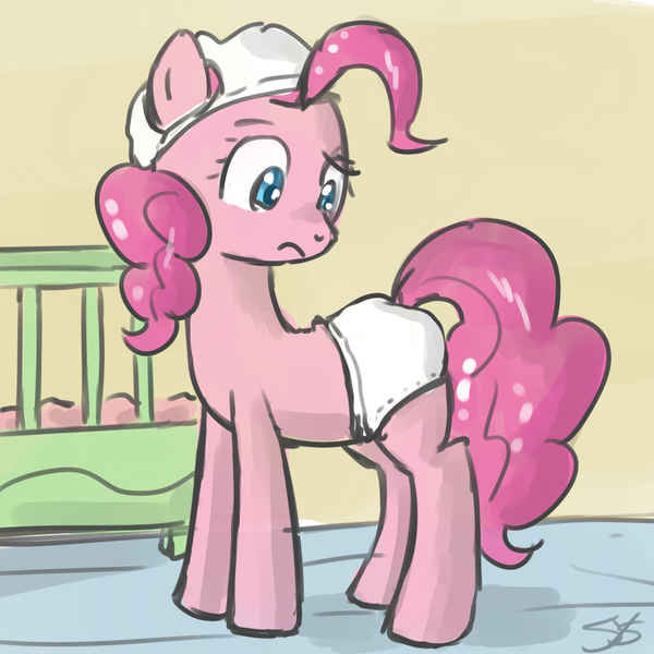 Size: 900x900 | Tagged: safe, artist:speccysy, derpibooru import, pinkie pie, earth pony, pony, crib, diaper, diaper on head, female, frown, looking back, mare, solo