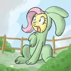 Size: 900x900 | Tagged: safe, artist:speccysy, derpibooru import, fluttershy, pegasus, pony, bunny costume, bunnyshy, clothes, female, fence, mare, shocked, sitting, solo