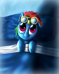 Size: 1200x1500 | Tagged: safe, artist:shinzm, derpibooru import, rainbow dash, pegasus, pony, bed, female, filly, foal, goggles, on back, pillow, solo, younger