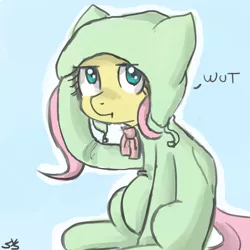 Size: 900x900 | Tagged: safe, artist:speccysy, derpibooru import, fluttershy, cat, pegasus, pony, cat's pajamas, clothes, confluttershy, confused, costume, cute, female, footed sleeper, hat, kigurumi, mare, pajamas, shyabetes, sitting, solo, wat