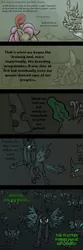 Size: 434x1305 | Tagged: safe, artist:haretrinity, derpibooru import, queen chrysalis, changeling, changeling queen, flutter pony, canterlot, canterlot castle, changeling swarm, comic, female, flying, glowing horn, horn, image, implied transformation, jpeg, origin story, queen rosedust, text