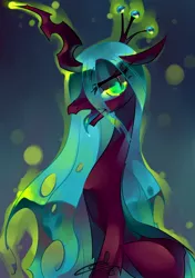 Size: 1000x1417 | Tagged: safe, artist:iopichio, derpibooru import, queen chrysalis, changeling, changeling queen, female, floppy ears, image, jpeg, lidded eyes, looking back, open mouth, signature, sitting, solo, tongue out