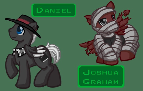 Size: 583x370 | Tagged: safe, artist:melle-d, derpibooru import, ponified, pegasus, pony, daniel, duo, duo male, fallout, fallout: new vegas, joshua graham, male, simple background, stallion